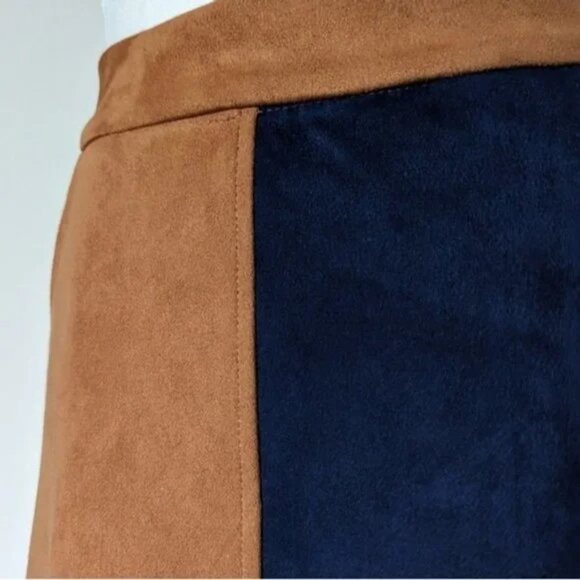 Suede asymmetrical colourblock camel/blue midi a-line skirt - Picture 6 of 7